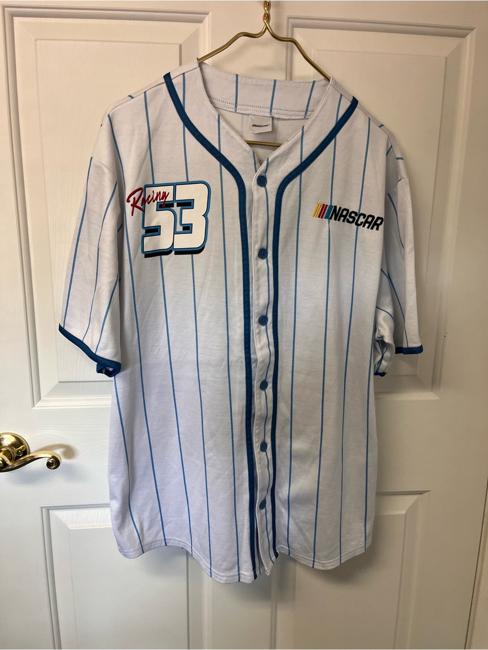 Nascar White Baseball-Style Jersey with Blue Pinstripes #53